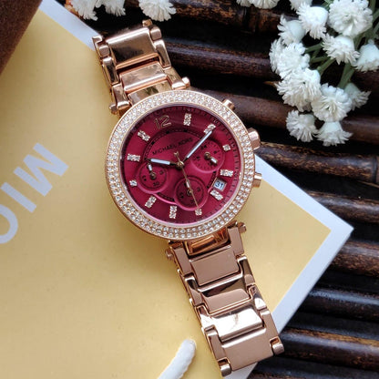 Michael Kors Parker Chronograph Red Dial Gold Ladies Watch MK6106