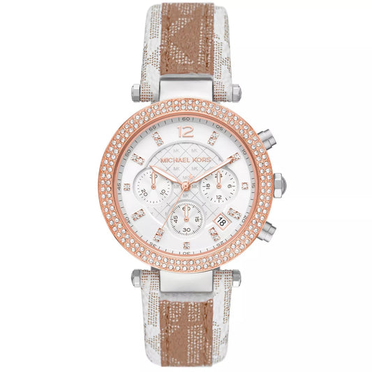 Michael Kors Parker Pavé Two-tone Signature-Print PVC and Leather Strap Women's Watch - MK6950