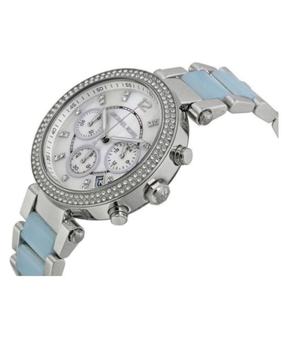 Michael Kors Parker White Dial Silver and Blue Acetate Women's Watch - MK6138