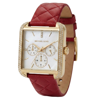 Michael Kors Pyper MK2770 three-quarter view showing red quilted leather strap and gold case profile