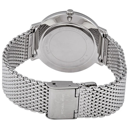 Michael Kors Pyper watch caseback showing stainless steel case and mesh strap