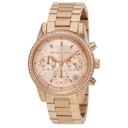 Michael Kors Ritz rose gold chronograph watch with diamond bezel and rose dial