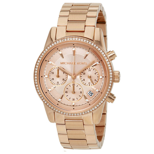 Michael Kors Ritz rose gold chronograph watch with diamond bezel and rose dial