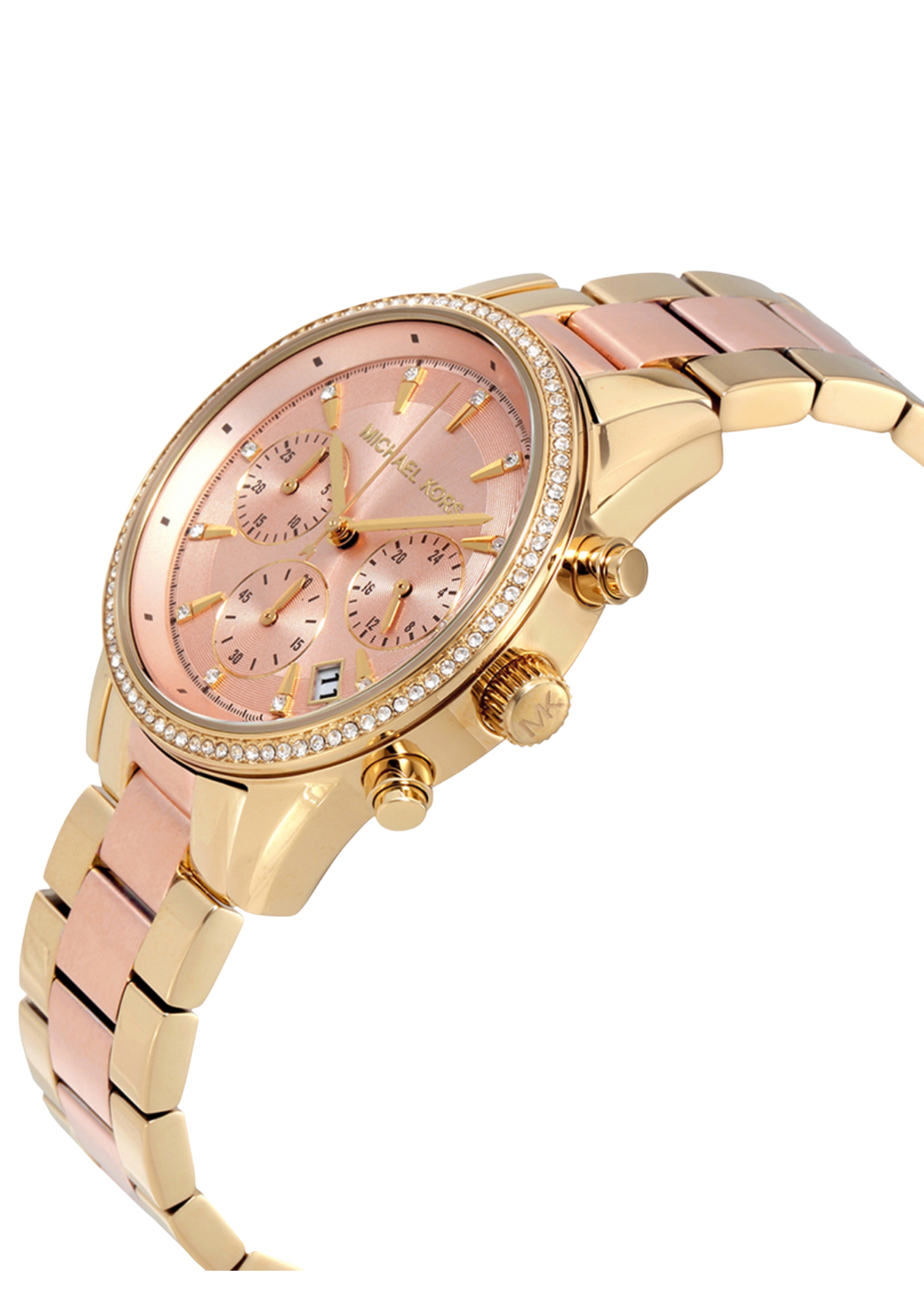 Michael Kors Ritz chronograph watch angled view showing rose dial and two-tone bracelet