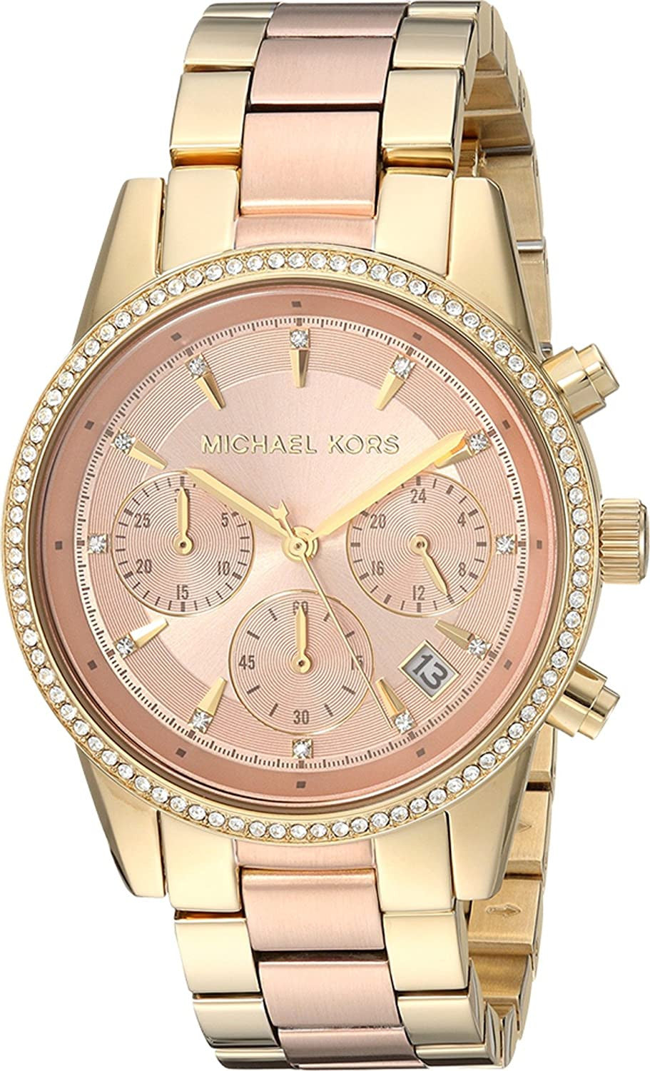 Michael Kors Ritz chronograph watch with rose dial, crystal-set bezel, and two-tone bracelet