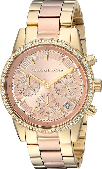 Michael Kors Ritz chronograph watch with rose dial, crystal-set bezel, and two-tone bracelet