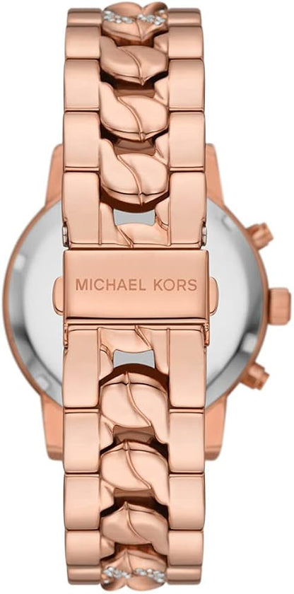 Michael Kors Ritz MK7223 case back showing rose gold-tone stainless steel curb chain bracelet detail