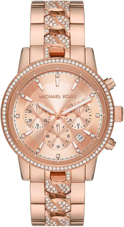 Michael Kors Ritz Pavé rose gold-tone women's chronograph watch with crystal-set bezel and curb chain bracelet