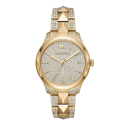 Michael Kors Runway Mercer gold women's watch with crystal-paved dial and matching gold bracelet