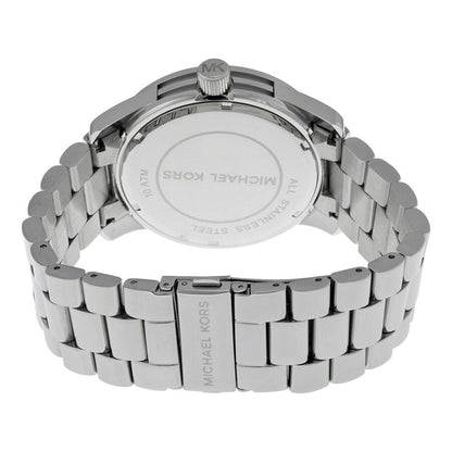 Michael Kors Runway watch caseback showing silver-tone stainless steel and Michael Kors branding