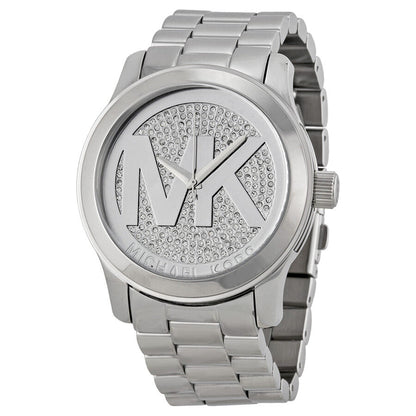 Michael Kors Runway silver-tone women's watch with crystal pave dial and MK logo