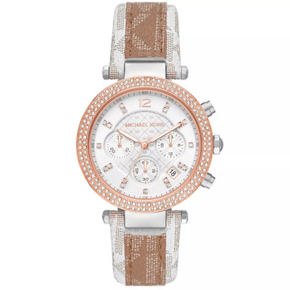 Michael Kors Parker Pavé Two-tone Signature-Print PVC and Leather Strap Women's Watch - MK6950