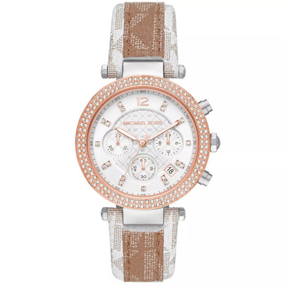 Michael Kors Parker Pavé Two-tone Signature-Print PVC and Leather Strap Women's Watch - MK6950