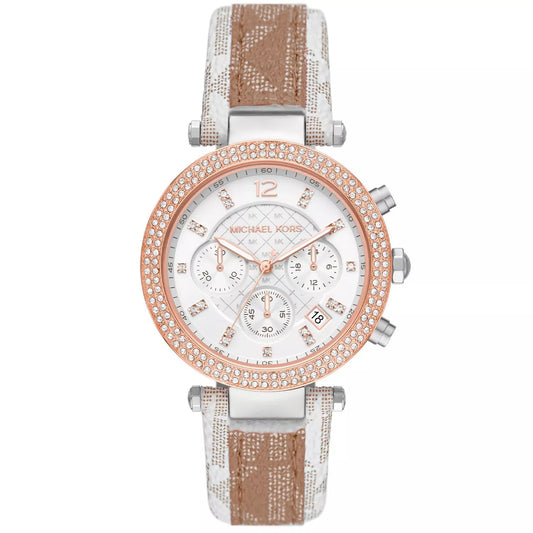 Michael Kors Parker Pavé Two-tone Signature-Print PVC and Leather Strap Women's Watch - MK6950