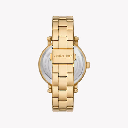 Caseback view of Michael Kors Slim Runway watch with gold bracelet attachment