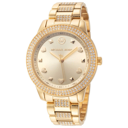 Michael Kors Tibby gold watch with crystal-set bezel, gold dial, and diamond-accented bracelet