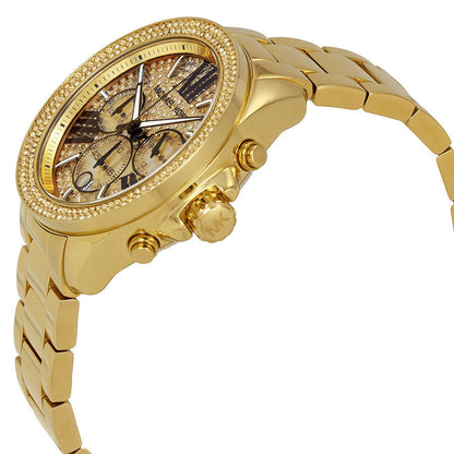 Michael Kors Wren MK6095 side angle view showing gold bracelet and chronograph pushers