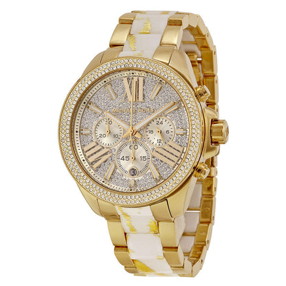 Michael Kors Wren gold-tone women's watch with white zebra diamond dial and gold-white mixed metal bracelet
