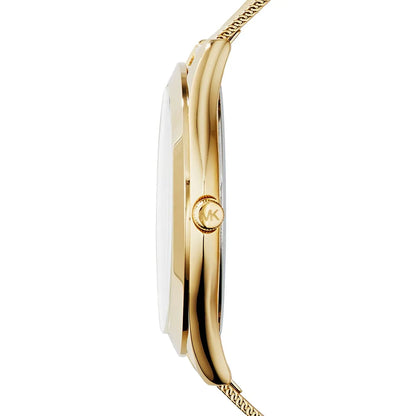 Michael Kors MK3282 Slim Runway gold watch case and mesh strap side view