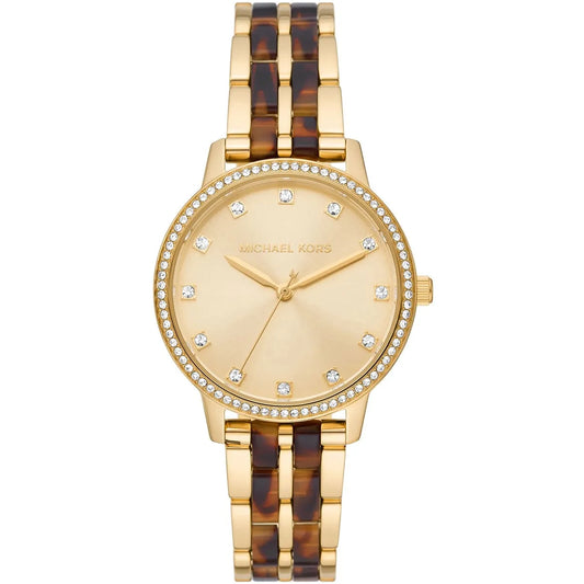 Michael Kors Melissa MK4395 women's watch with gold sunray dial, crystal bezel, gold and tortoise bracelet