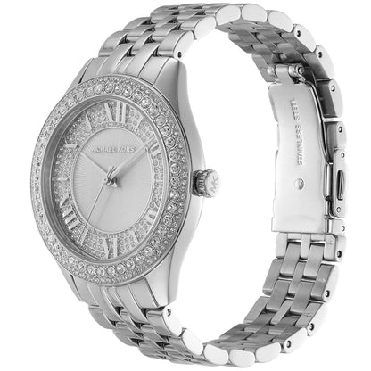 Michael Kors Harlowe watch side view showing crystal-set bezel and metal bracelet