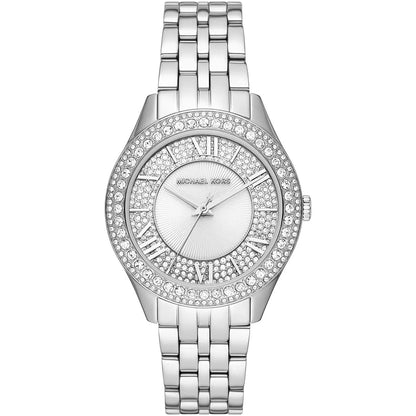 Michael Kors Harlowe silver women's watch with pavé crystal bezel and stainless steel bracelet