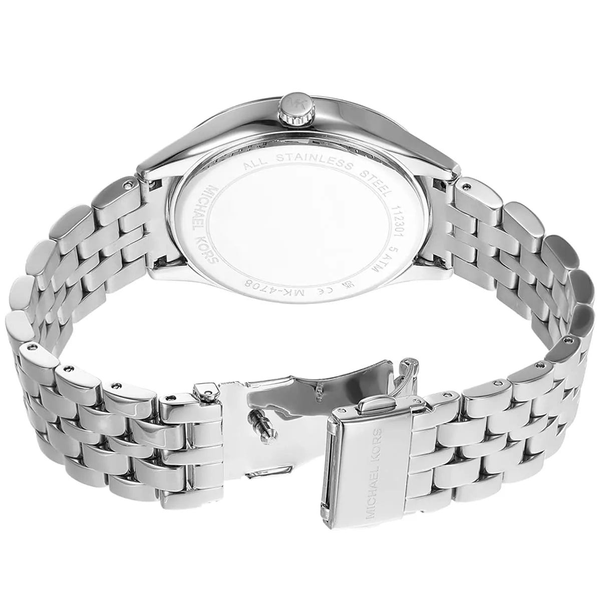 Stainless steel multi-link bracelet strap with Michael Kors branding and fold-over clasp