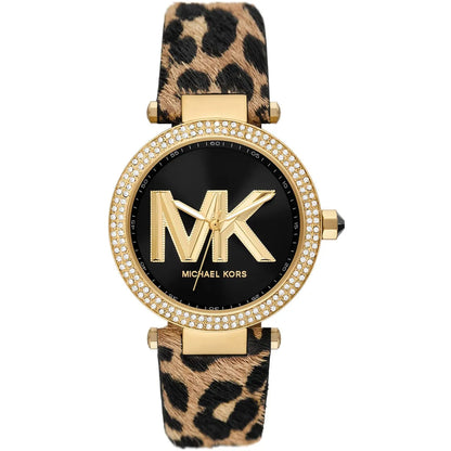 Michael Kors Parker Pavé Gold Bezel Brown/Black Genuine Leather Women's Watch - MK4723