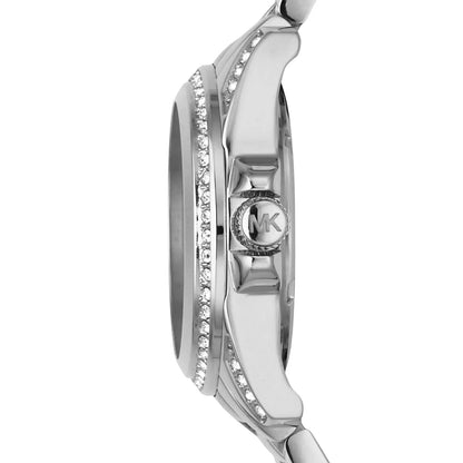 Michael Kors Blair watch side profile showing crystal-embellished case and silver-tone stainless steel band