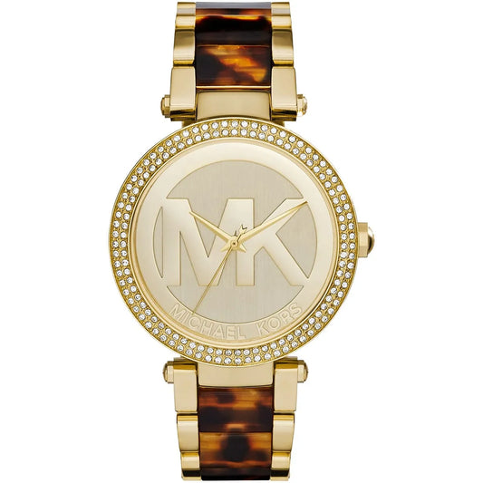Michael Kors Parker women's watch with gold case, crystal-set bezel, cream dial with MK logo, and tortoise acetate strap
