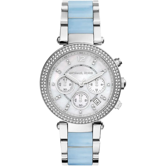 Michael Kors Parker White Dial Silver and Blue Acetate Watch - MK6138