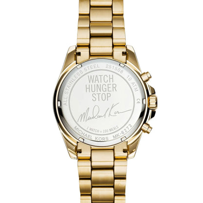 Caseback of Michael Kors Bradshaw MK6272 with Watch Hunger Stop engraving and specifications