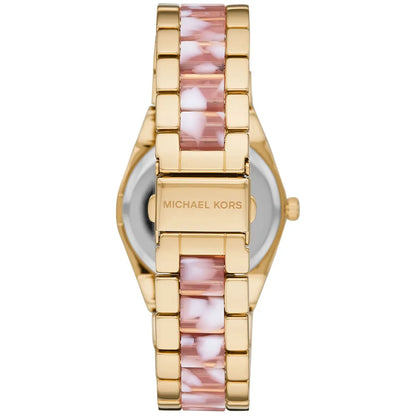 Michael Kors Ritz MK6650 watch caseback with gold-tone finish and tortoise acetate strap