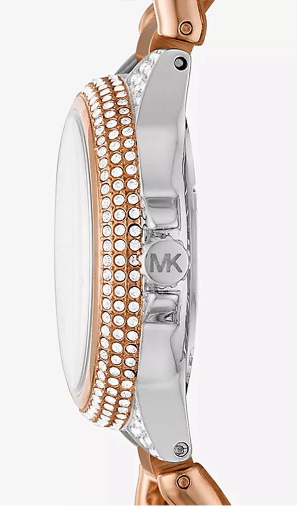 Side view of Michael Kors Camille watch displaying crystal-set bezel and mixed metal curb link bracelet design