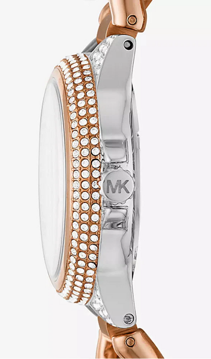 Side view of Michael Kors Camille watch displaying crystal-set bezel and mixed metal curb link bracelet design
