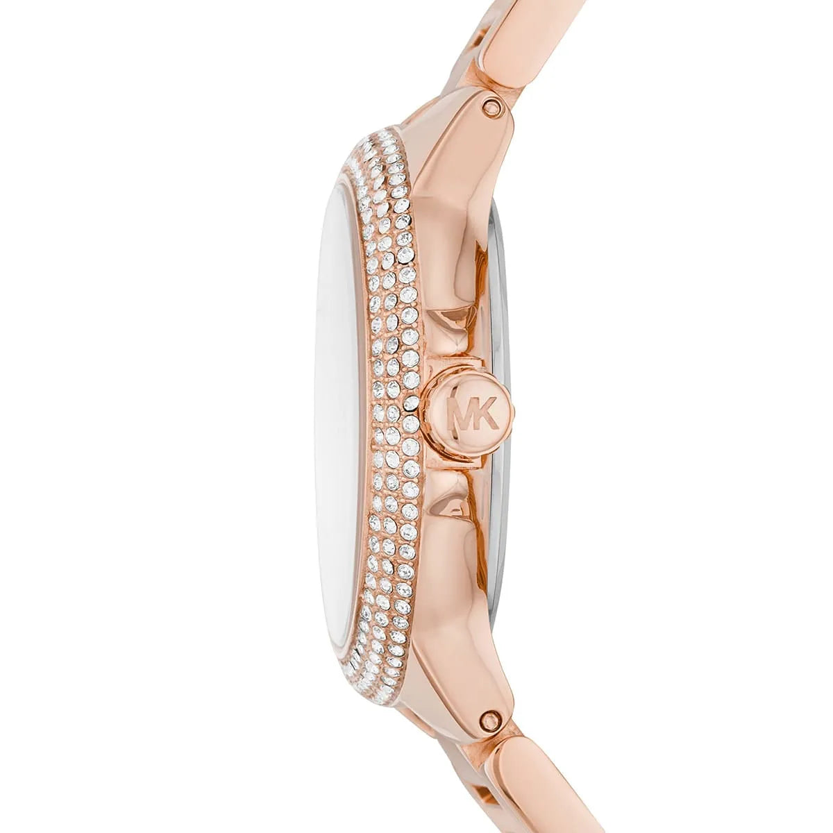 Side view of Michael Kors Camille watch showing rose gold case profile with diamond-set bezel
