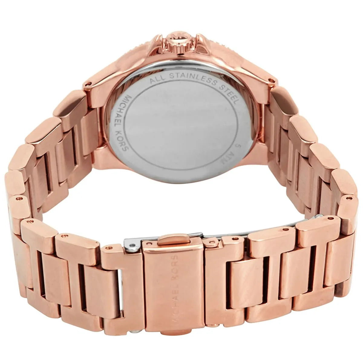 Michael Kors Camille watch rose gold stainless steel bracelet with links and fold-over clasp
