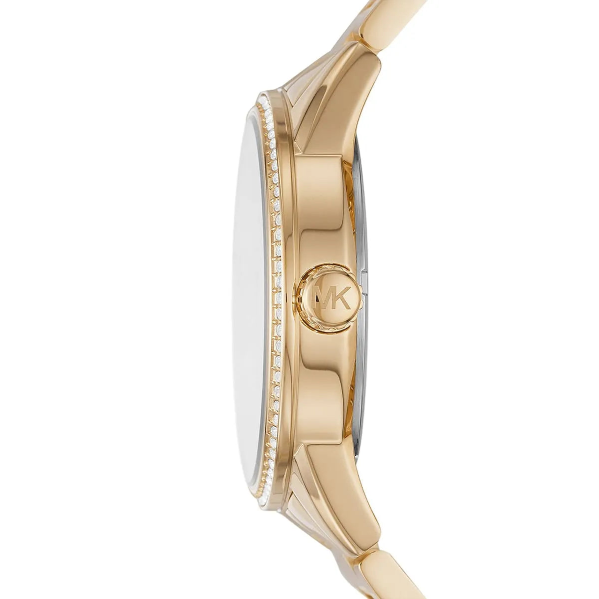 Michael Kors Ritz MK6862 side profile showing gold-tone stainless steel case and crystal-studded bezel