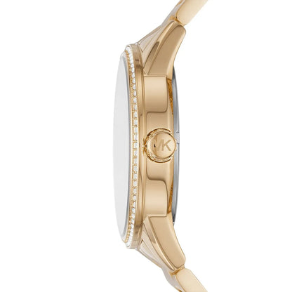 Michael Kors Ritz MK6862 side profile showing gold-tone stainless steel case and crystal-studded bezel