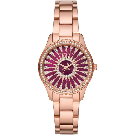 Michael Kors Layton Three Hand Red Dial Rose Gold Steel Strap Watch For Women - MK6893