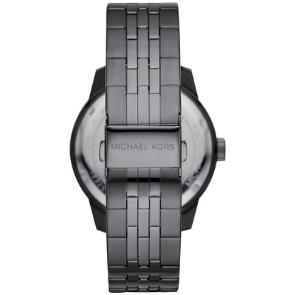 Michael Kors Cunningham MK7158 caseback showing gunmetal stainless steel with Michael Kors branding