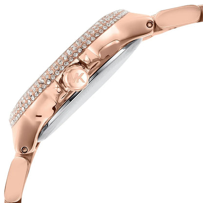 Michael Kors Camille watch showing side profile with crystal-set bezel and rose gold metal bracelet