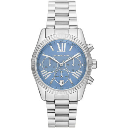 Michael Kors Lexington chronograph watch with chambray blue dial and silver stainless steel strap