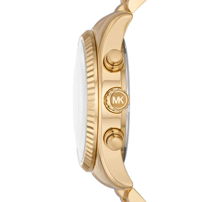 Side view of Michael Kors Lexington showing gold-tone case with reeded bezel and chronograph pushers