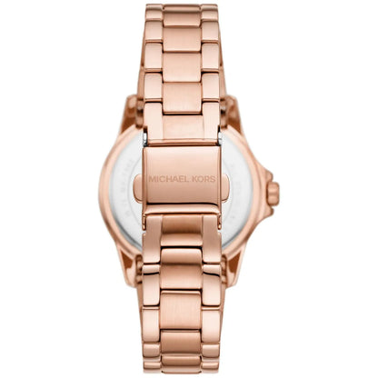 Back view of Michael Kors MK7364 watch showing rose gold-tone stainless steel caseback