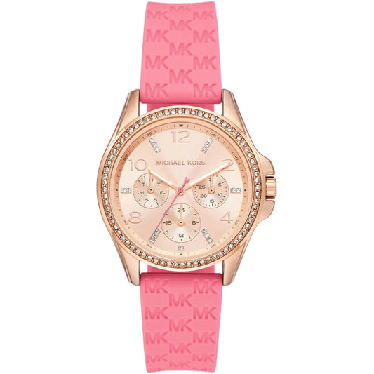 Michael Kors Mini Pilot Pavé Chronograph Rose Gold Dial Logo Silicone Women's Watch - MK7375