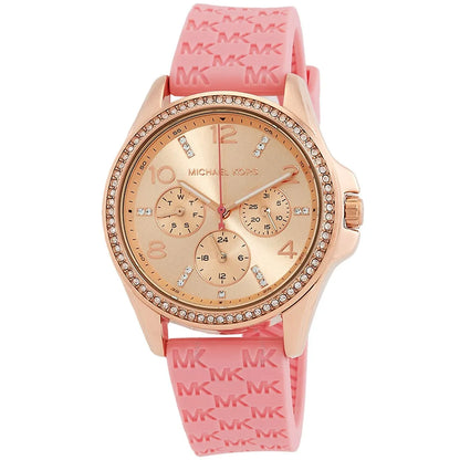 Michael Kors Mini Pilot Pavé Chronograph Rose Gold Dial Logo Silicone Women's Watch - MK7375