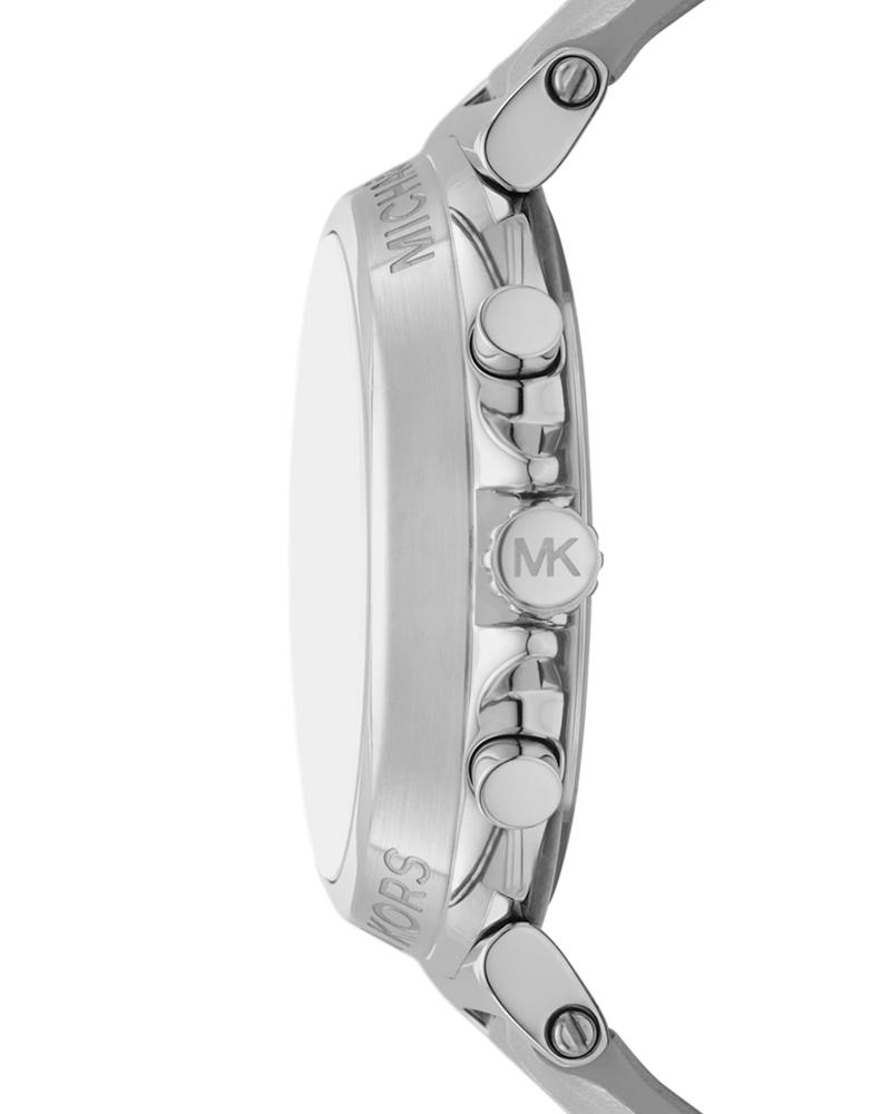 Side view of Michael Kors Maren watch showing case profile and MK logo on silver leather strap