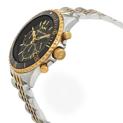 Side angle view of Michael Kors Bayville watch showing chronograph pushers and bezel