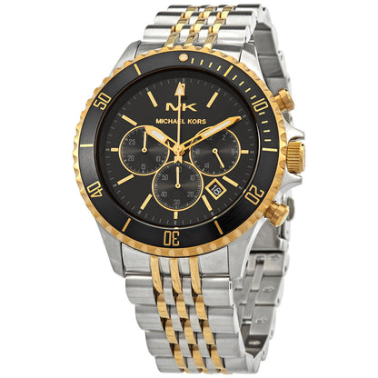 Michael Kors Bayville chronograph men's watch with black dial, gold accents, and two-tone bracelet